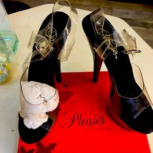 Size 7 Clear and black strapped NWB pleaser Dance shoe